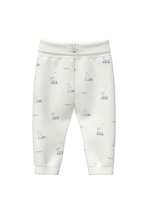 Białe spodnie dla niemowląt z niebieskim hipopotamem i zielonym żółwiem w wzorach, żebrowanymi ściągaczami oraz małym logo zwierzęcia na pasie.
