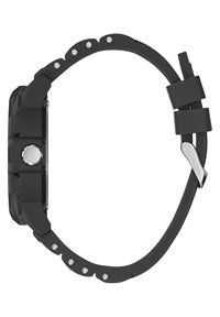 Černé gumové hodinky s texturovaným obdélníkovým pouzdrem, stříbrným akcentem a perforovaným řemínkem s metalickými hroty.