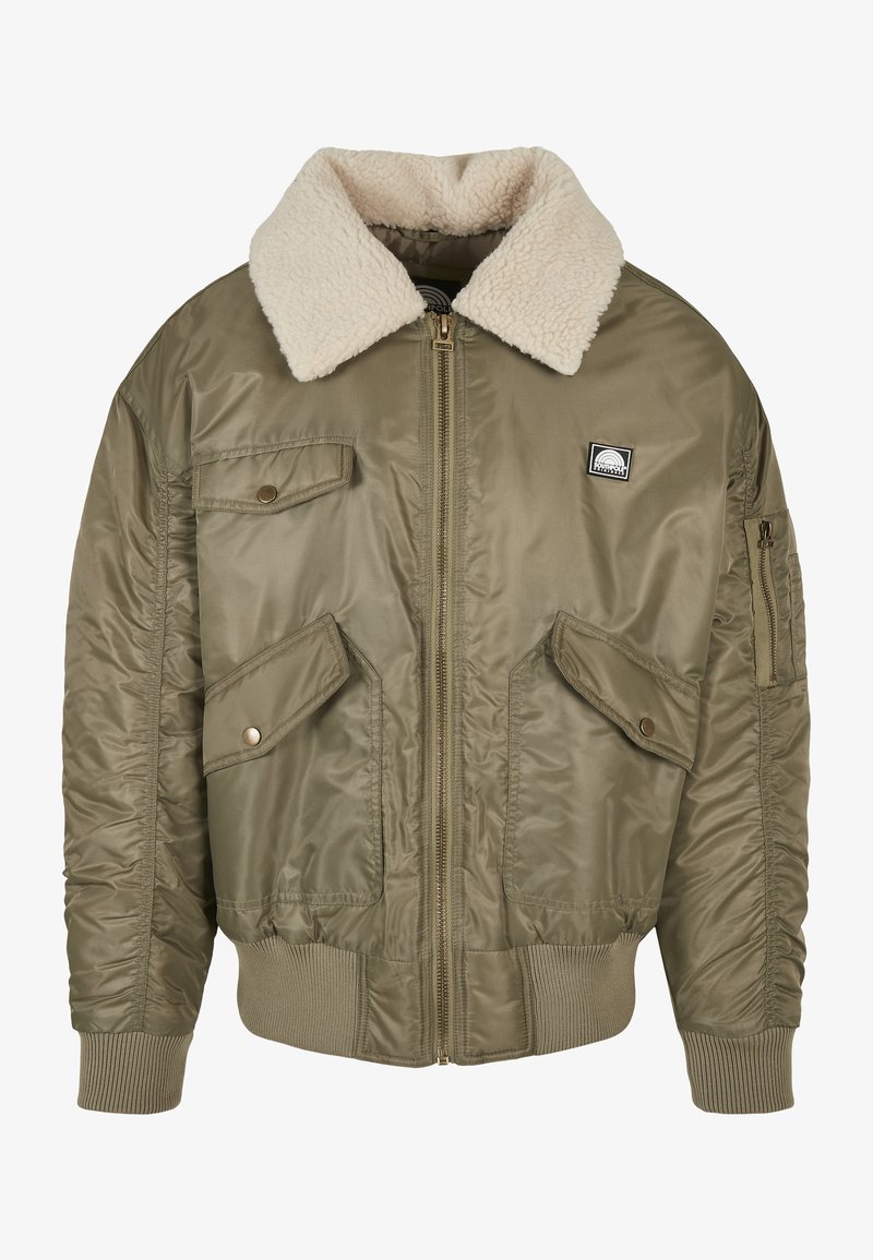 Olive green bomber jacket with a faux fur collar, zip closure, two front pockets, and ribbed cuffs. Smooth nylon material and quilted design.