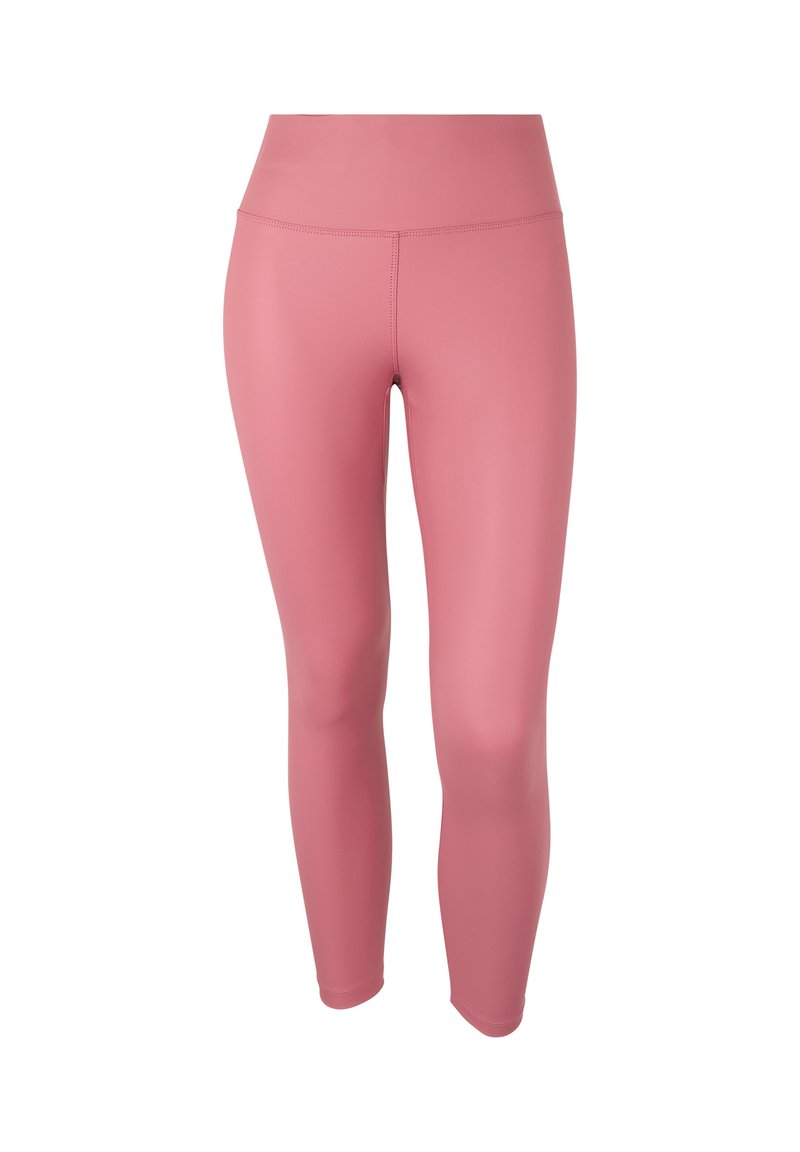 Leggings rosa con una vita alta, realizzati in un materiale liscio e elastico. Presentano cuciture senza soluzione di continuità e un design aderente.