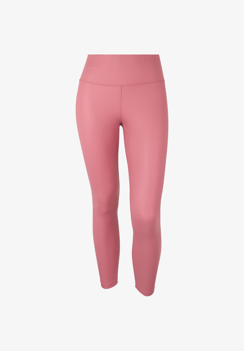 Leggings rosa con una vita alta, realizzati in un materiale liscio e elastico. Presentano cuciture senza soluzione di continuità e un design aderente.