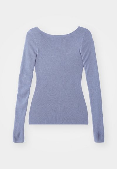 Long-sleeve pullover in light blue ribbed knit. Features a wide boat neckline and fitted silhouette. Smooth texture.