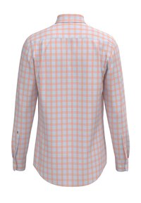Langarmshirt met een achteraanzicht in een oranje en blauwe geblokte patroon, knoopmanchetten en een standaard kraag. Katoenen stof.
