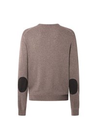 Ruskea neulepaita, jossa on mustat mokkanahkaiset kyynärpääpaikat, pyöreä pääntie, pitkät hihat ja resorireunus. Pehmeä rakenne ja normaali istuvuus.