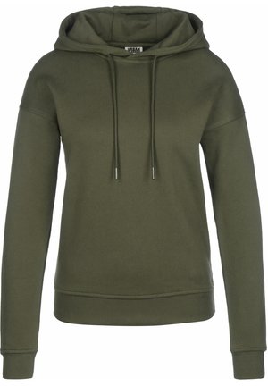 Olivgrön hoodie tillverkad av mjuk bomullsblandning. Har en dragsko i huvan, ribbstickade ärmslut och avslut, med en avslappnad passform och utan mönster.
