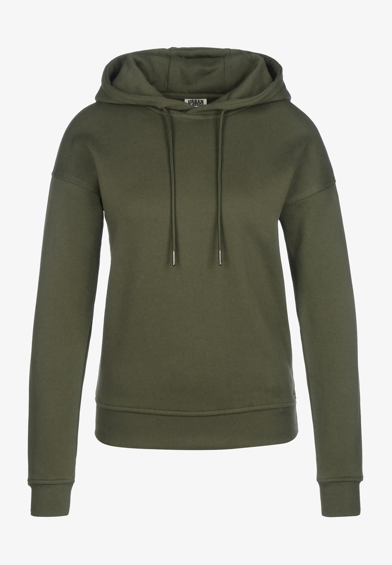 Felpa verde oliva realizzata in morbido misto cotone. Caratterizzata da cappuccio con cordoncino, polsini e orlo a costine, presenta una vestibilità comoda e senza pattern.