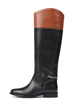 Knee-high leather boots with a black lower section and brown leather upper. Features a gold chain accent near the ankle and a rounded toe.