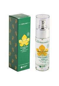 Flacone di profumo spray trasparente con logo di foglia gialla e scatola verde etichettata "Profumo gocce di olivello spinoso" con olio di olivello spinoso biologico della Toscana.