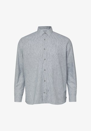 Hellgraues langärmeliges Hemd mit feinen vertikalen Streifen, Standardkragen und geknöpften Manschetten, dargestellt auf weißem Hintergrund.