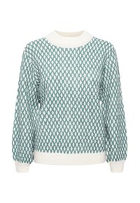 Pull avec un motif teal composé de formes ovales sur un fond blanc. Il présente un col et des poignets en côte blanche, ainsi qu'une coupe décontractée.