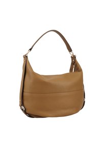 Bruine leren schoudertas met een zachte, textuurafwerking. Beschikt over één schouderriem en een ritszak aan de voorkant.