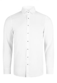 Camicia bianca a maniche lunghe realizzata in tessuto liscio; presenta un colletto classico e una chiusura frontale con bottoni in tonalità argento.