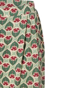 Rok met bloemmotief in groen, roomwit en bordeauxrood; voorzien van plooien en een soepele textuur. De tailleband is aansluitend.