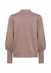 Pull en maille de couleur brun clair avec un ourlet et des poignets côtelés. Présente des manches bouffantes et un col haut. Texture douce et lisse.