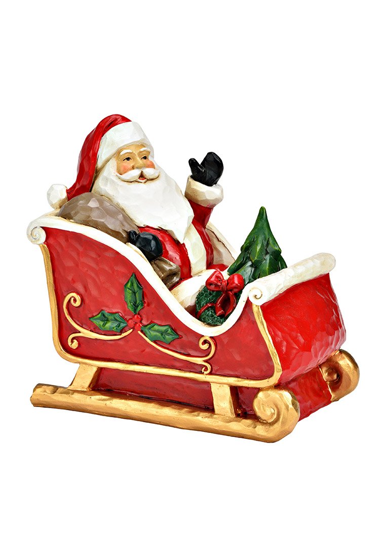 Der Weihnachtsmann in einem roten Schlitten, verziert mit goldenen Akzenten, Stechpalmenblättern und einem kleinen Baum, mit einer strukturierten Oberfläche und detaillierten Gesichtszügen.