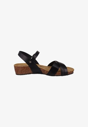 Black leather low wedge sandal with cork sole, adjustable ankle strap, and cross straps over the toes.