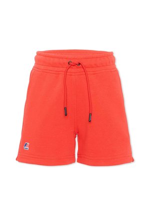 Shorts orange vif à cordon avec taille élastique et petit logo K-Way sur l'ourlet de la jambe gauche.
