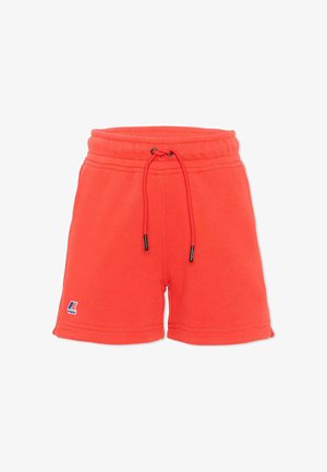 Pantaloncini arancione acceso con coulisse, vita elastica e piccolo logo K-Way sull'orlo della gamba sinistra.
