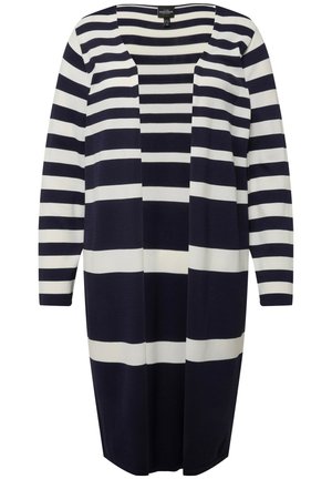 Cardigan lungo a righe navy e bianche con scollatura a girocollo, maniche lunghe e apertura frontale. Tessuto morbido con una superficie liscia.