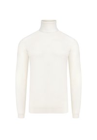 Sweter z wysokim kołnierzem, na długim rękawie, w miękkiej białej tkaninie. Posiada ryflowany kołnierz i mankiety, gładką fakturę oraz dopasowany krój.