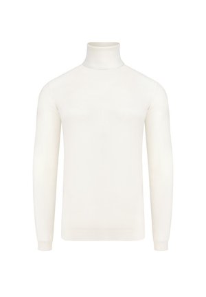 Sweter z wysokim kołnierzem, na długim rękawie, w miękkiej białej tkaninie. Posiada ryflowany kołnierz i mankiety, gładką fakturę oraz dopasowany krój.