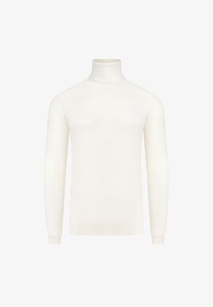 Sweter z wysokim kołnierzem, na długim rękawie, w miękkiej białej tkaninie. Posiada ryflowany kołnierz i mankiety, gładką fakturę oraz dopasowany krój.