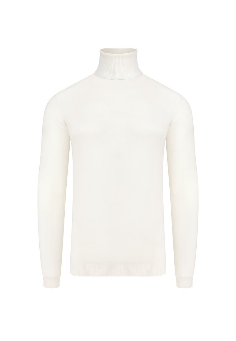 Sweter z wysokim kołnierzem, na długim rękawie, w miękkiej białej tkaninie. Posiada ryflowany kołnierz i mankiety, gładką fakturę oraz dopasowany krój.