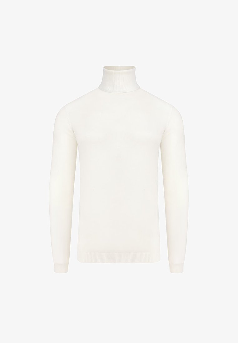 Sweter z wysokim kołnierzem, na długim rękawie, w miękkiej białej tkaninie. Posiada ryflowany kołnierz i mankiety, gładką fakturę oraz dopasowany krój.