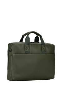 Laptoptasche in Olivgrün aus glattem Leder. Verfügt über zwei obere Tragegriffe, einen Reißverschluss und eine flache Fronttasche.