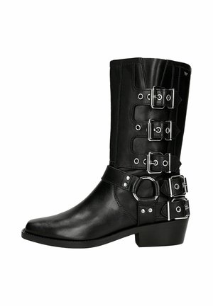 Black leather knee-high boots with multiple silver buckles, rounded toe, and small stacked heel; smooth texture and sturdy design.