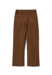 Pantalones de pana marrones con un corte relajado, que presentan una cintura con lazo, dos bolsillos traseros y un diseño de pierna recta.