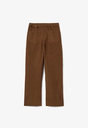 Braune Cordhosen mit lockerer Passform, einem gebundenen Taillengürtel, zwei Gesäßtaschen und einem geraden Beinschnitt.