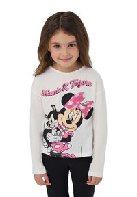 Camicia bianca a maniche lunghe con una grafica colorata di Minnie Mouse e Figaro. Il testo recita "Minnie & Figaro." Tessuto in cotone morbido.