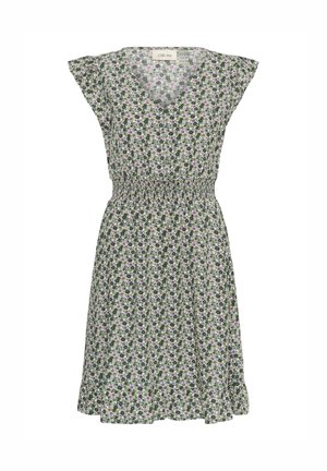 Vestido verde sin mangas con estampado floral, escote en V, cintura elástica y bajo con volantes.