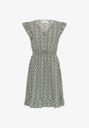 Grünes ärmelloses Kleid mit Blumenmuster, V-Ausschnitt, elastischer Taille und gerafftem Saum.