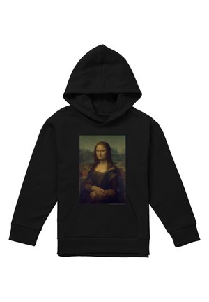 Black hoodie featuring the Mona Lisa portrait centered on the front with a kangaroo pocket and long sleeves.
