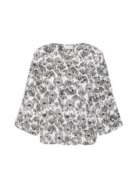 Blouse blanche avec des motifs floraux et de feuilles noirs, encolure ronde et manches à mi-longueur. Tissu léger avec une coupe ample.