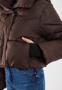 Ruda siuvinėta pūkinė striukė aukštu apykakle ir šoninėmis kišenėmis, derinama su tamsiai džinsiniu kelnėmis. Yra raištelis apatinėje dalyje.