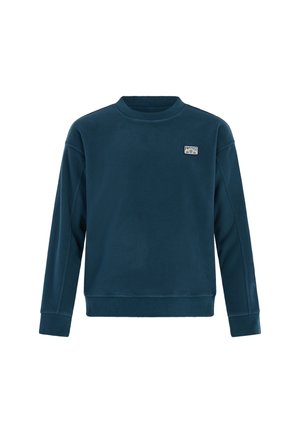 Tamsiai mėlynas flisinis džemperis su apvaliu iškirpimu, guminėmis rankovėmis ir apačia, su mažuoju logotipo ženkliuku viršutiniame kairiajame krūtinės kampe.