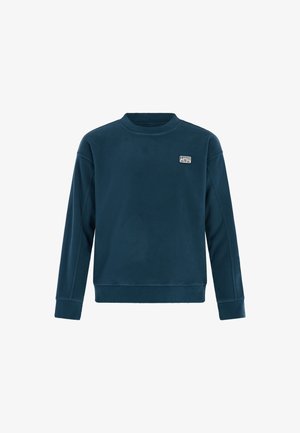 Tamsiai mėlynas flisinis džemperis su apvaliu iškirpimu, guminėmis rankovėmis ir apačia, su mažuoju logotipo ženkliuku viršutiniame kairiajame krūtinės kampe.