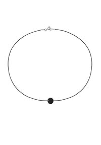 Collier en cordon noir avec une seule perle ronde, dotée d'une surface texturée. Fermeture en métal argenté à l'arrière. Design simple et minimaliste.