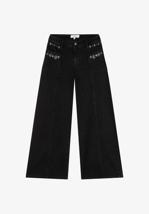 Black wide-leg jeans made of denim, featuring decorative metal studs in diamond shapes on the front pockets and a classic button closure.