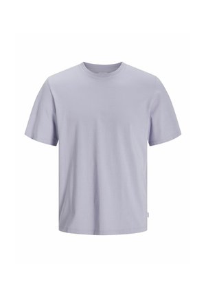 Lys lavendel kortærmet t-shirt lavet af glat bomuldsstof. Rund halsudskæring, afslappet pasform, ingen mønstre, har et lille mærke ved kanten.