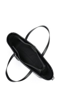 Black tote bag with smooth, glossy leather exterior, dual flat handles, and a zippered top. Features a contrasting black fabric lining inside.