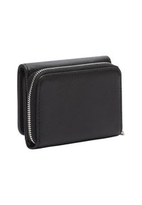 Czarny skórzany portfel z kompartmentem na suwak w kolorze srebrnym, składana konstrukcja i gładka tekstura.