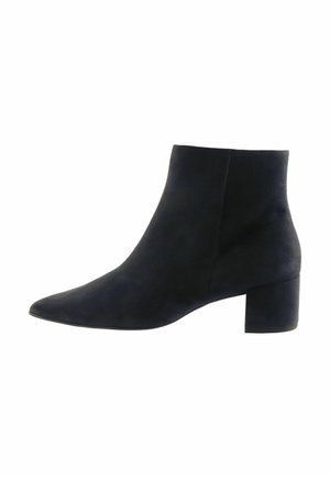 Black suede ankle boots with a pointed toe and a block heel. Smooth texture, minimalist design, and a sleek silhouette.