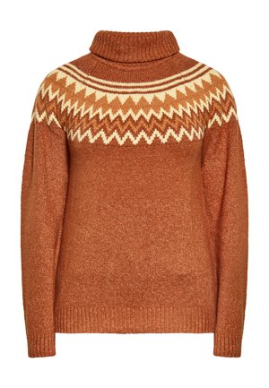 Rustbrun rullekravesweater med et creme- og tanfarvet zigzagmønster over bryst og øvre ærmer, med ribbet manchetter og kant.
