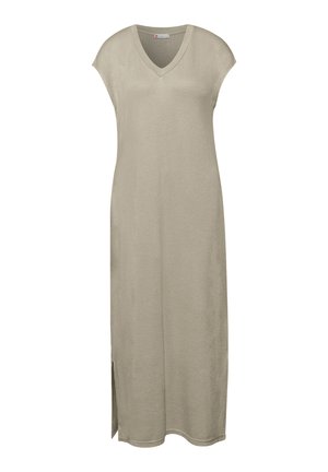 Ærmeløs beige midi-kjole med V-hals og sidesplit, lavet af blødt stof, designet til afslappet eller semi-formelt brug.