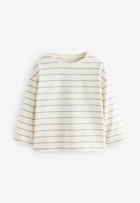 Gestreept T-shirt gemaakt van zachte, lichte katoen. Dit T-shirt heeft een crèmekleurige basis met dunne lavendelkleurige strepen en een ronde halslijn. Korte mouwen.