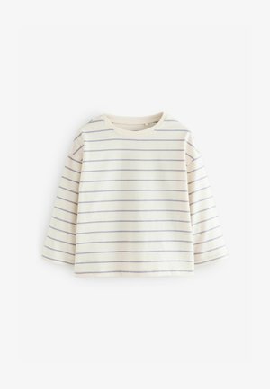 Gestreiftes T-Shirt aus weichem, leichtem Baumwollstoff. Hat einen cremefarbenen Grundton mit dünnen, lavendelfarbenen Streifen und einem runden Ausschnitt. Kurze Ärmel.